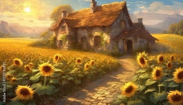 Obraz House on a beautiful farm with sunflowers