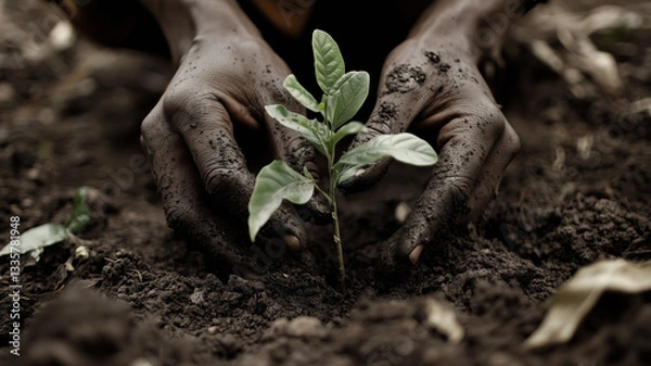 Obraz Planting young sapling in rich soil, hands covered in dirt, symbolizes growth and nurturing. This act reflects deep connection to nature and environment