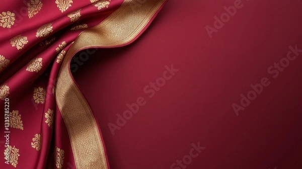 Fototapeta Luxurious maroon Banarasi silk saree with golden motifs and intricate border design