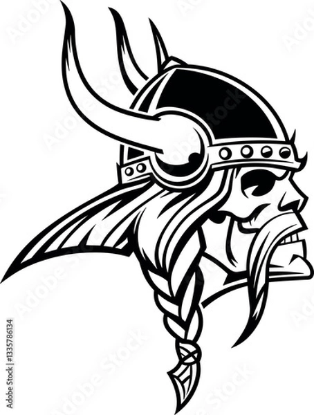 Obraz Hand drawn Viking skull in horned helmet. Vector illustration