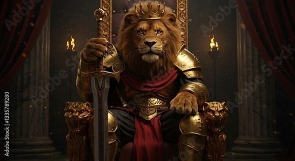 Fototapeta Majestic Lion King on a Golden Throne. Generative Ai