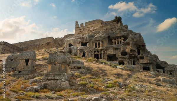 Fototapeta Tlos Ancient City at afternoon. Important settlement area of the historical Lycian city. Travel to the ancient cities of Türkiye. Fethiye, Mugla province, Turkey