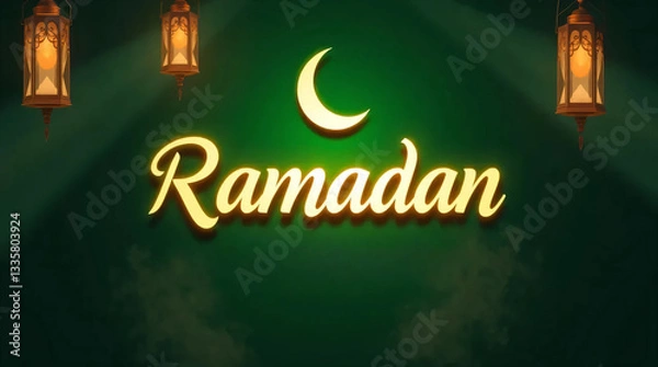 Fototapeta Ramadan Mubarak Logo with Volumetric Lighting, Geometric Shapes, Lanterns, and Symmetrical Light Beams on Green