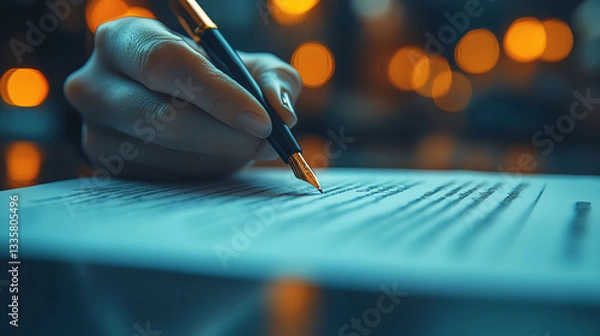 Fototapeta Close-up of a hand holding a pen, ready to sign a contract at the negotiation table, signing agreement, final stage of negotiation