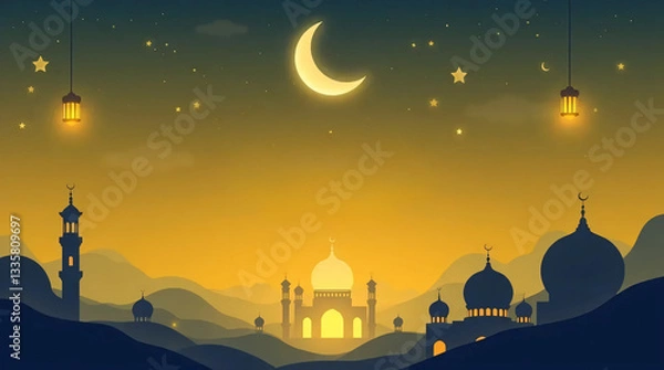 Fototapeta Epic Modern Flat Design Ramadan Kareem Background with Heroic Elements, Seamless Colors, and Lens Glow
