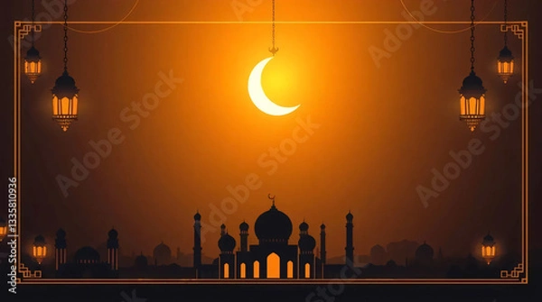 Fototapeta Ramadan Kareem Greeting Card with Golden Glow, Chiaroscuro Lighting, Strong Contrasts, Deep Shadows, and Luxury