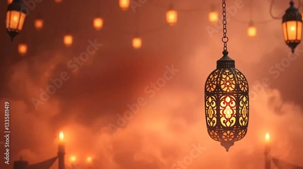 Fototapeta Surreal Ramadan Kareem Banner with Warm Colors, Intricate Lantern Design, and Dreamy Hazy Atmosphere