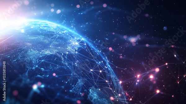 Fototapeta Glowing Earth with abstract network connections, symbolizing global connectivity and unity in a vast universe.
