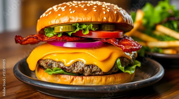 Obraz A delicious looking burger with a juicy patty, crispy bacon strips, melted cheddar cheese, fresh lettuce, and ripe tomato