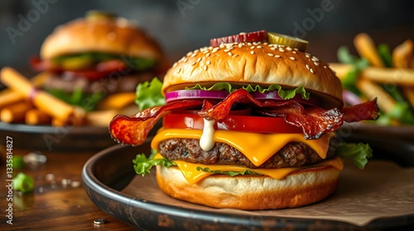 Fototapeta A delicious looking burger with a juicy patty, crispy bacon strips, melted cheddar cheese, fresh lettuce, and ripe tomato