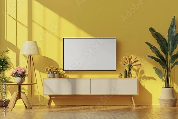 Fototapeta Tv on Cabinet in Modern Living Room with Lamp, Table, Flower and Plant on Cement Wall
