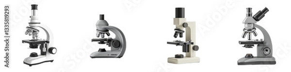 Fototapeta Four microscopes, lab equipment, science isolated on white or transparent
