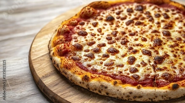 Fototapeta Mouthwatering pizza with fresh toppings and cheese melting on a golden crust ready to be served