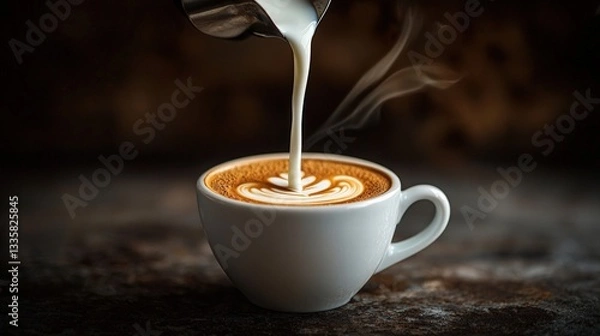 Fototapeta Close-up of coffee being poured into a white cup with rich color and smooth texture in natural light