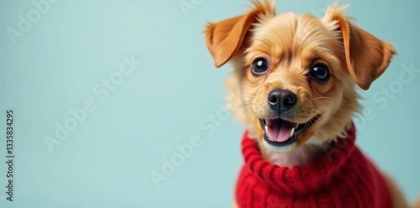 Fototapeta Close-up of small dog in red knit sweater looking at camera with playful expression, cozy, clothing, puppy