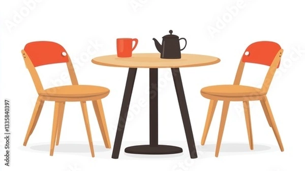 Fototapeta Simple cafe table and chairs, illustration, drink and pot, interior scene, background use