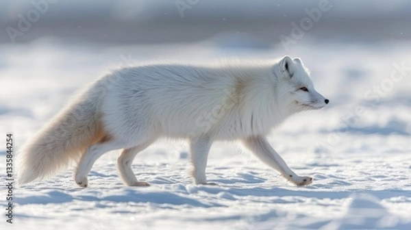 Fototapeta An Arctic fox in the snowy tundra of Lapland, with its white fur blending into the winter landscape 
