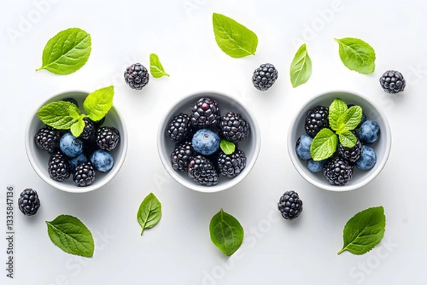 Fototapeta Berries and Basil: Overhead shot showcasing fresh, juicy blackberries and blueberries artfully arranged with green basil leaves in small white bowls, a vibrant display of natural, healthy food. 