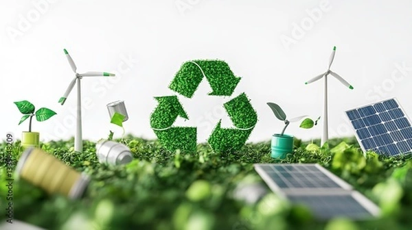 Fototapeta A solar panel and wind turbines stand tall in a field of lush green grass with a recycling symbol made of green foliage in the foreground
