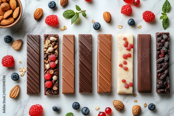Fototapeta Artisan Chocolate Bar: Exquisite arrangement of gourmet chocolate bars with an array of delicious toppings and colorful berries arranged on an elegant stone surface.