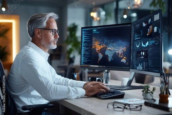 Fototapeta Network engineer working with global network connectivity and big data processing in modern office