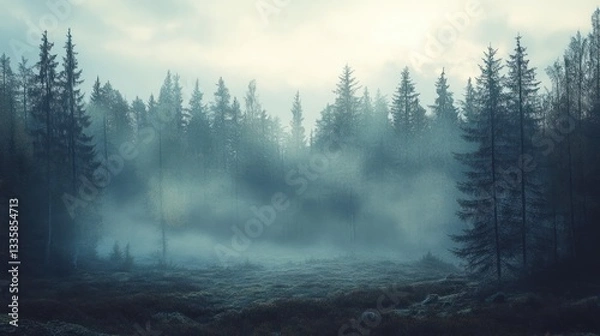 Obraz Forest trees and ground shrouded in a heavy atmospheric fog