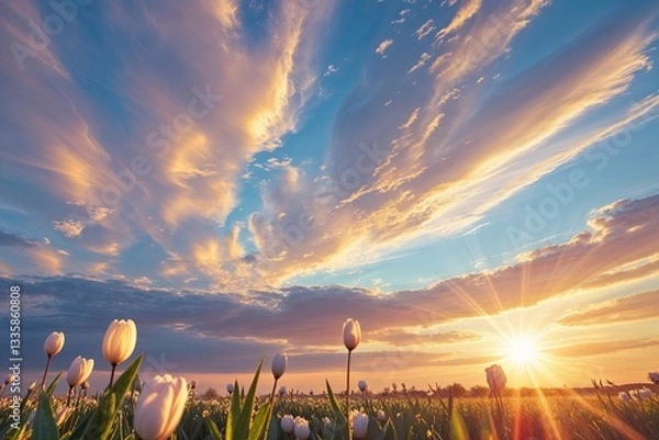 Fototapeta Stunning Spring Sky Featuring Colorful Iridescent Clouds and Bright Sunshine