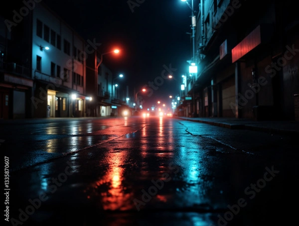 Fototapeta bokeh empty street with city red lights at night defocused blur light low angle
