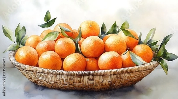 Fototapeta Ripe Oranges in Wicker Basket  A Burst of Citrus Delight Still Life Fruit Arrangement Watercolor