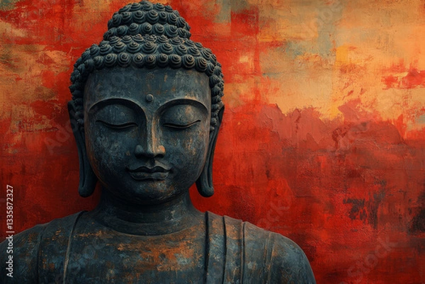 Obraz Buddha statue on a old red grunge background, copy space. Meditating Buddha. Buddha face