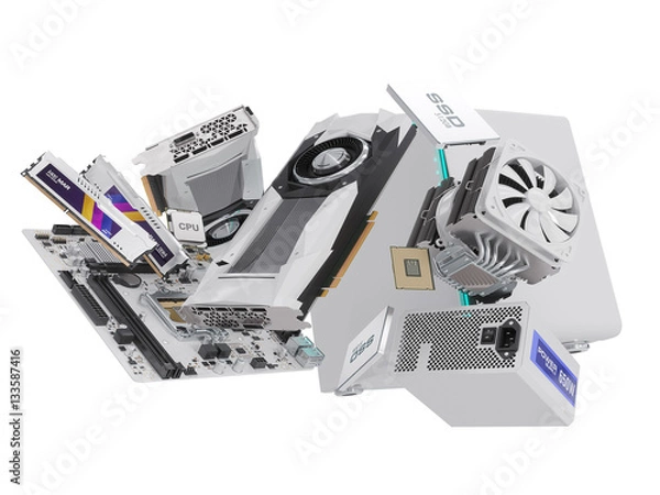 Fototapeta PC hardware components isolated on white. 3d rendering