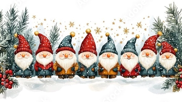 Fototapeta Christmas gnomes in a snowy landscape. Festive border design. Possible use greeting card, wallpaper, or digital print