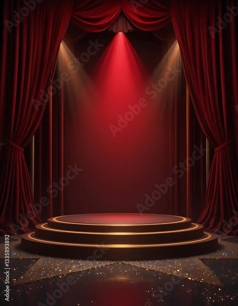 Fototapeta Opulent stage with draped red velvet curtains, ready for grand performances