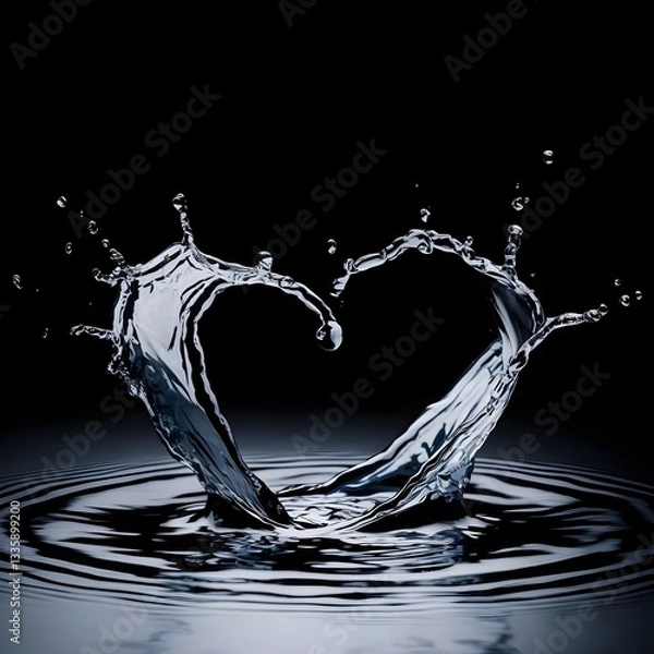 Fototapeta Water splash creating a heart shape isolated on black background.
