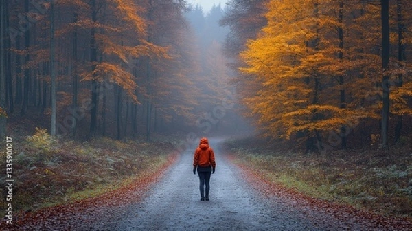 Fototapeta Autumn fog forest path; solitary figure; misty day; nature; tranquil; inspiration; image for background; travel brochure