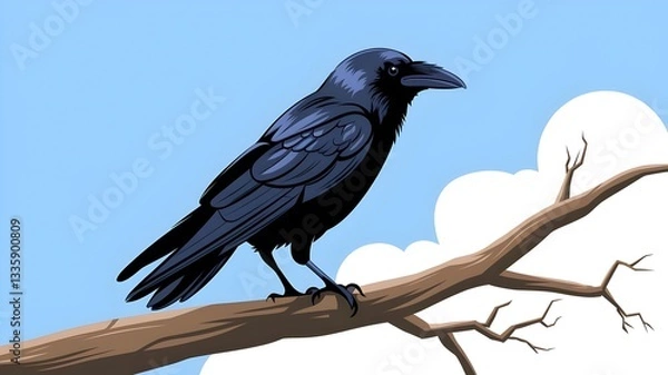 Fototapeta Raven on branch with a cloudy sky background.