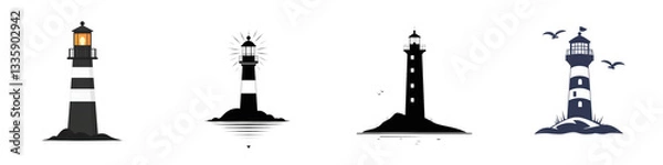 Obraz Four lighthouse illustrations, white background isolated on white or transparent