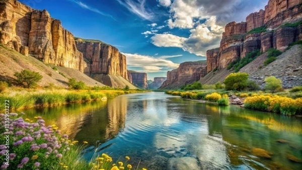 Fototapeta Serene River Flows Through Majestic Canyon Walls Under a Vivid Sky