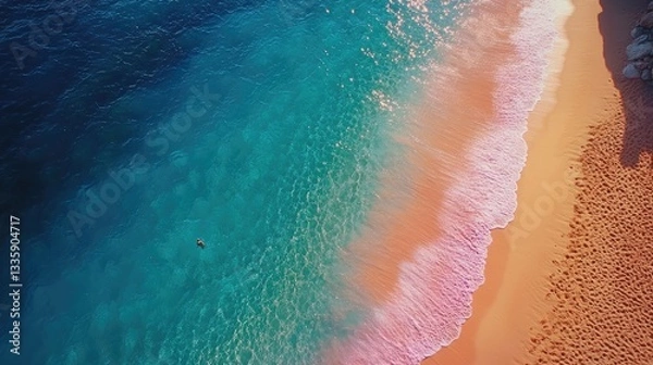 Fototapeta Aerial view of beach waves and turquoise water.  Possible use Stock photo for travel, nature, beach vacation, or coastal tourism