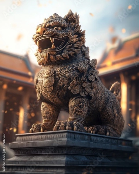Fototapeta Majestic lion statue ancient temple sculpture art historical site front view symbol of strength