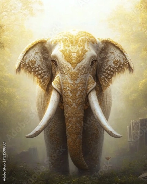 Fototapeta Majestic elephant displaying intricate patterns in serene forest nature photography tranquil environment front view