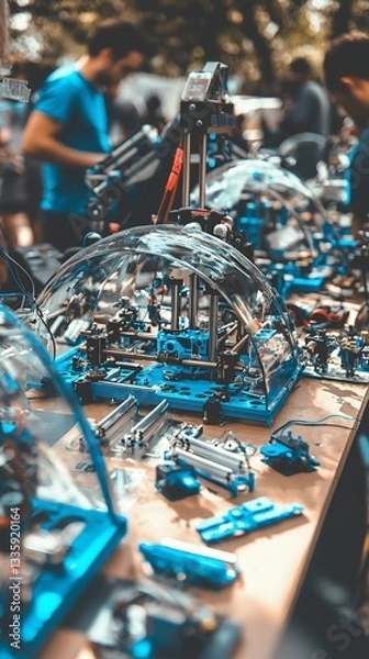 Fototapeta Robotics kits displayed at a technology fair.