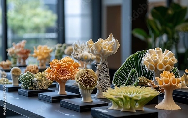 Fototapeta Collection of 3D printed coral reef models on display.
