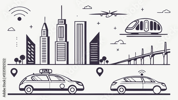 Fototapeta AI generated autonomous transportation icons, futuristic AI-driven vehicles, smart mobility technology, self-driving cars, flying taxi symbols.