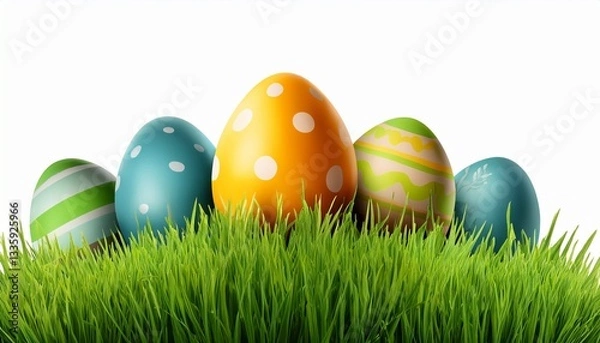 Fototapeta illustration of easter eggs in grass isolated on white background