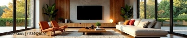 Fototapeta Contemporary living room with wooden accents and sleek furniture, wood, decor