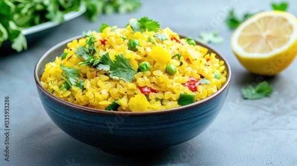 Fototapeta Delicious indian poha breakfast dish bowl with lemon and cilantro on a gray background angle side view for health food blog