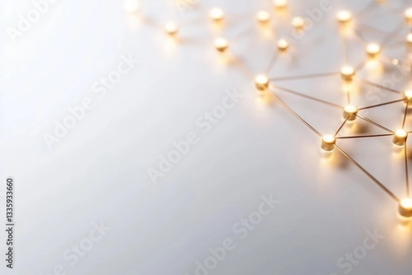 Fototapeta Abstract network connection concept with golden nodes and lines on a clean white backdrop illuminated with gentle light
