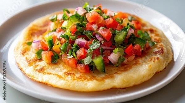 Fototapeta Fresh Flatbread Topped with Colorful Chopped Vegetable Salsa on White Plate Close Up Food Photography