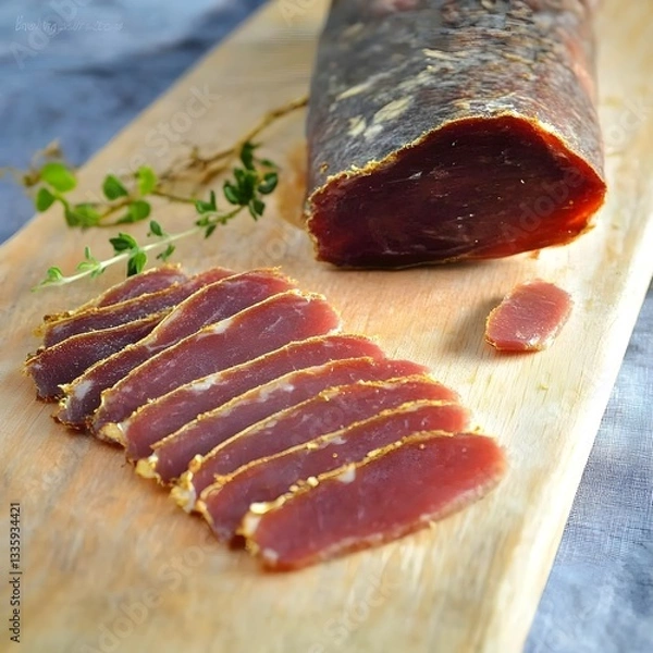 Fototapeta Thinly sliced cured meat, possibly bresaola, arranged on a wooden board. A larger piece of the meat is visible behind the slices.